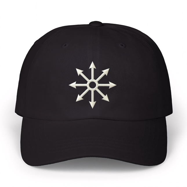 Black baseball cap featuring a white embroidered Chaos Star occult symbol.