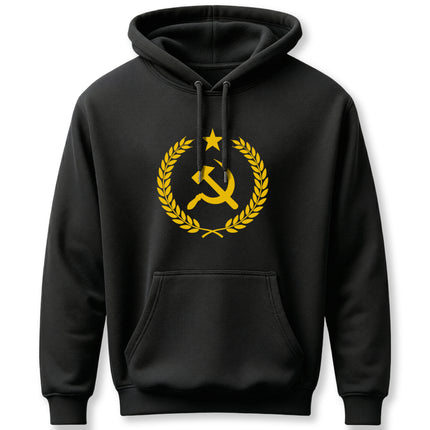Black hoodie featuring a gold hammer and sickle laurel wreath emblem.