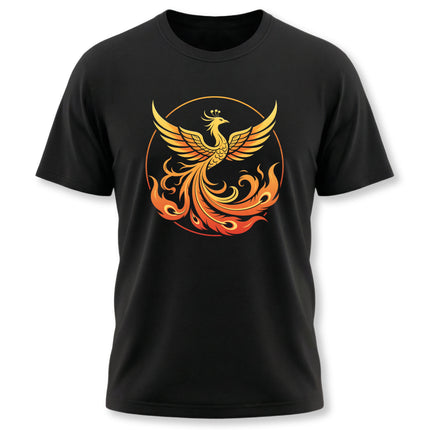 Stylized phoenix rising from flames graphic on a black t-shirt. Symbol of rebirth.