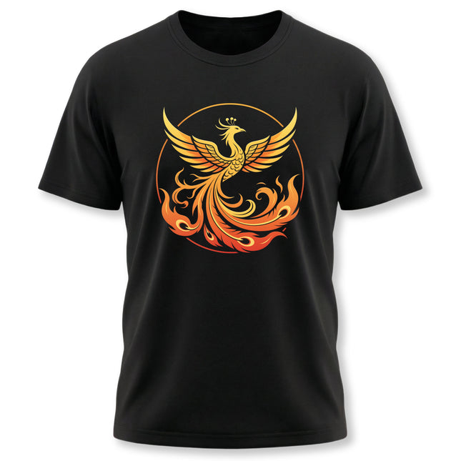 Stylized phoenix rising from flames graphic on a black t-shirt. Symbol of rebirth.