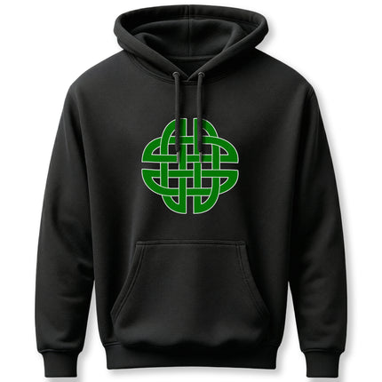Green Celtic knot symbol graphic on a black unisex hoodie.