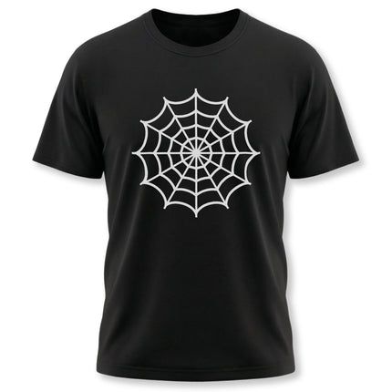 Black t-shirt featuring an intricate white gothic spider web graphic design.