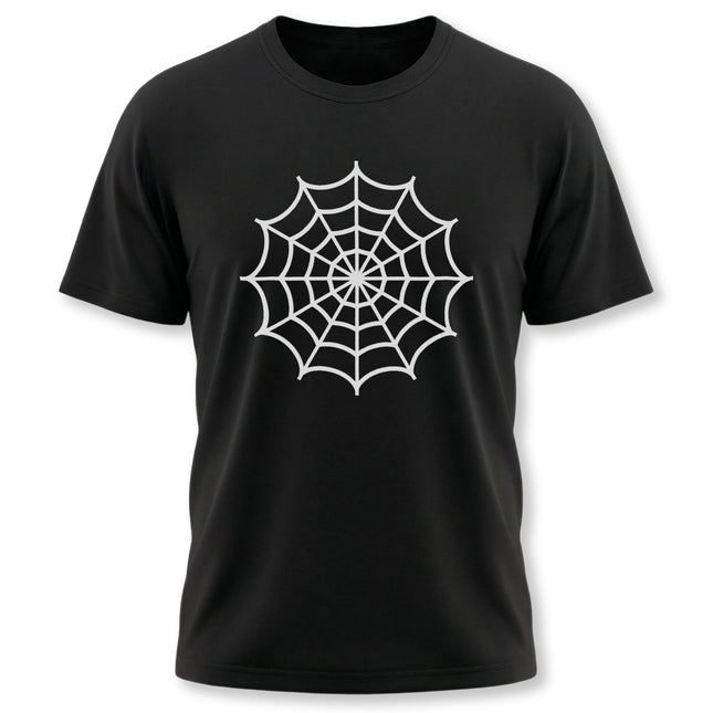 Black t-shirt featuring an intricate white gothic spider web graphic design.