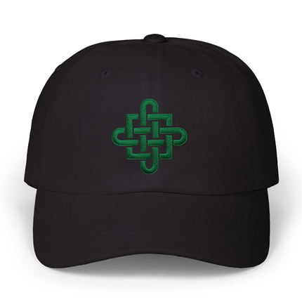 Green embroidered Celtic knot cross on a black baseball cap.