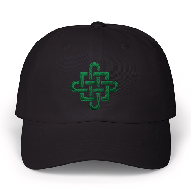Green embroidered Celtic knot cross on a black baseball cap.