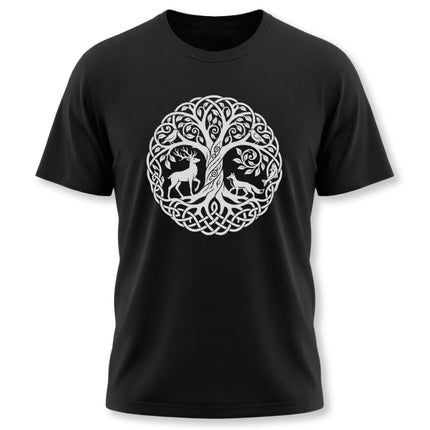 Celtic Tree of Life knotwork graphic tee featuring stag, fox, and woodland animals.