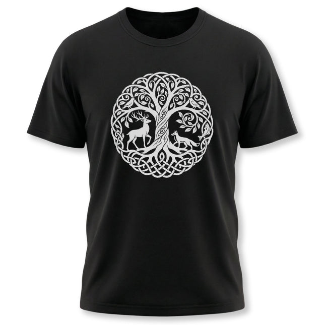 Celtic Tree of Life knotwork graphic tee featuring stag, fox, and woodland animals.