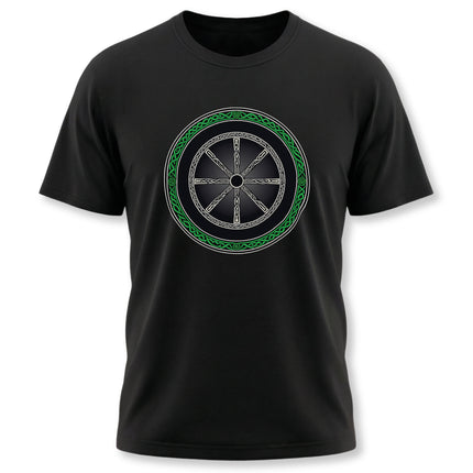 Celtic Wheel knotwork design on a black t-shirt. Green and white pagan art featuring traditional Celtic knotwork.