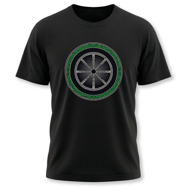 Celtic Wheel knotwork design on a black t-shirt. Green and white pagan art featuring traditional Celtic knotwork.