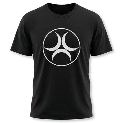 Black t-shirt with white Triple Moon symbol. Pagan goddess graphic tee for spiritual or witchy style.