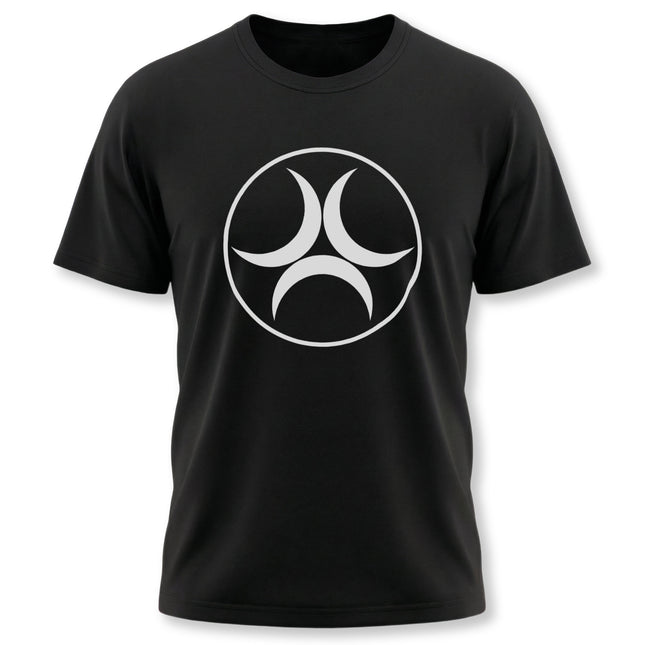 Black t-shirt with white Triple Moon symbol. Pagan goddess graphic tee for spiritual or witchy style.
