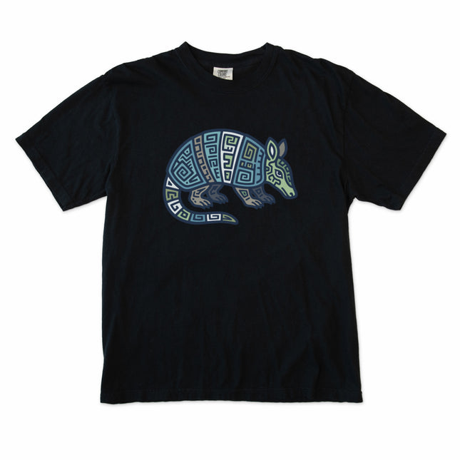 Geometric Mayan armadillo tribal art t-shirt design in blue and green tones.