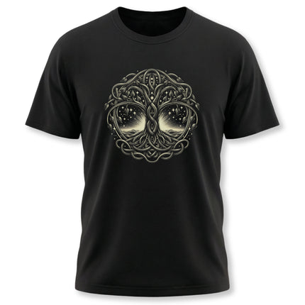 Celtic Tree of Life Yggdrasil graphic tee featuring intricate knotwork design.