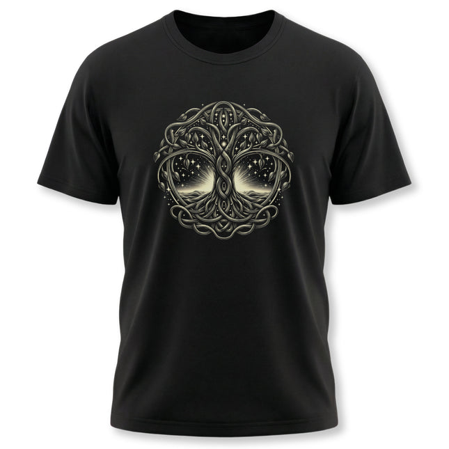 Celtic Tree of Life Yggdrasil graphic tee featuring intricate knotwork design.