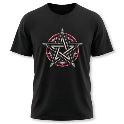 Black graphic tee featuring a red and white pentagram pentacle occult symbol.