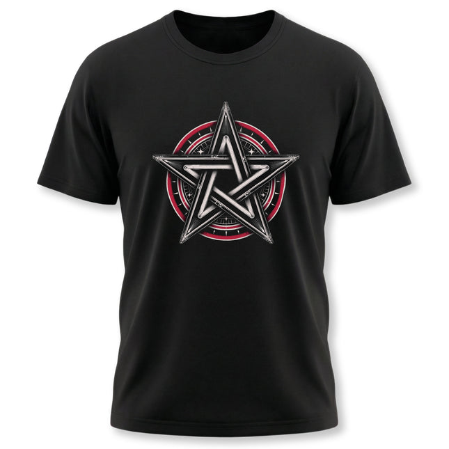 Black graphic tee featuring a red and white pentagram pentacle occult symbol.
