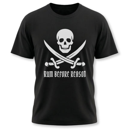 Pirate skull and crossed swords graphic tee with "Rum Before Reason" text.