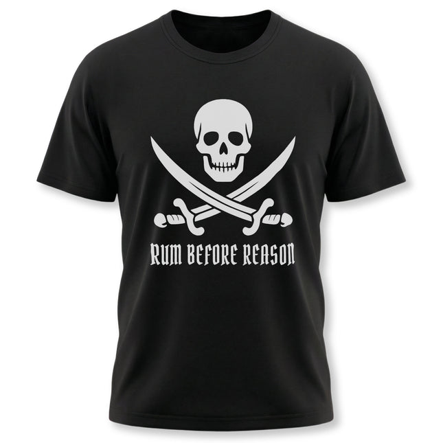 Pirate skull and crossed swords graphic tee with "Rum Before Reason" text.