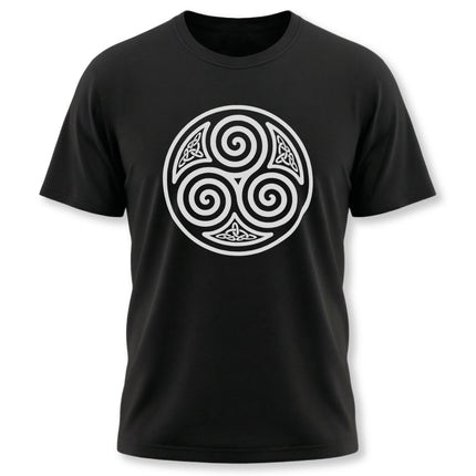 White Celtic triskelion knotwork symbol on a black t-shirt.