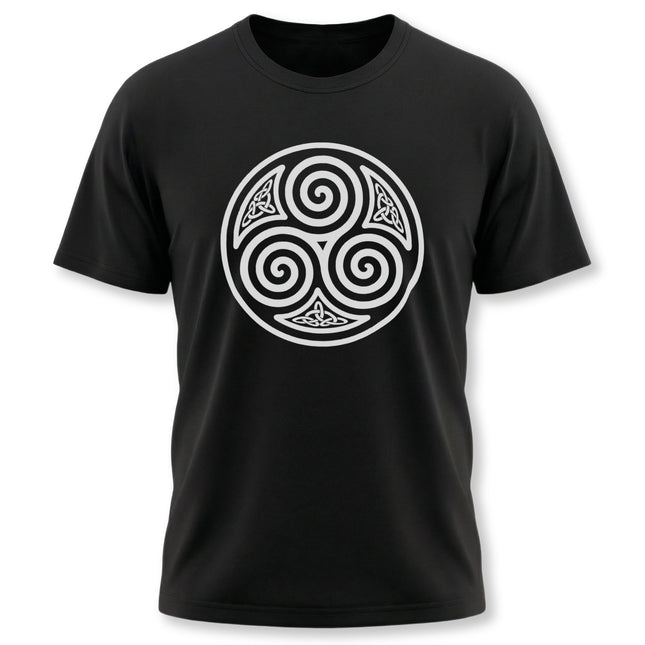 White Celtic triskelion knotwork symbol on a black t-shirt.