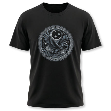 Norse raven graphic tee featuring Celtic knotwork and celestial symbols for Viking mythology.