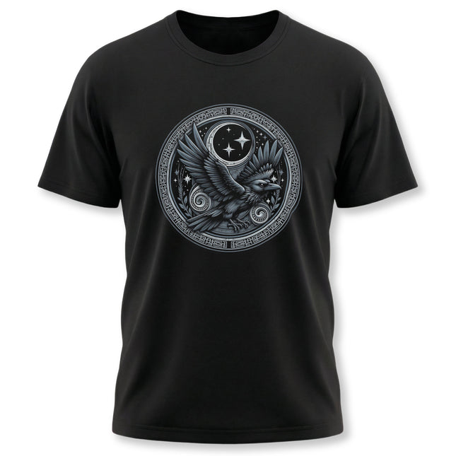 Norse raven graphic tee featuring Celtic knotwork and celestial symbols for Viking mythology.