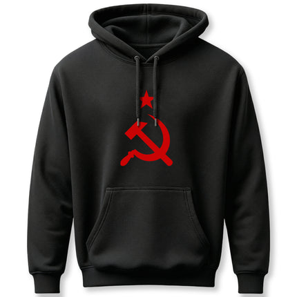 Black hoodie featuring the red hammer and sickle and star communist symbol.