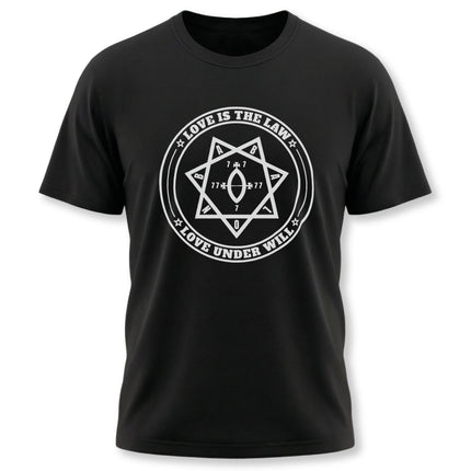 Love Is The Law Star of Babalon sigil occult graphic tee for magic and thelema.
