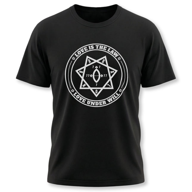 Love Is The Law Star of Babalon sigil occult graphic tee for magic and thelema.