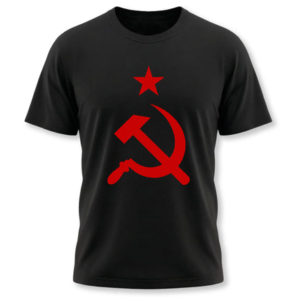 Communist hammer and sickle red star graphic on a black t-shirt.