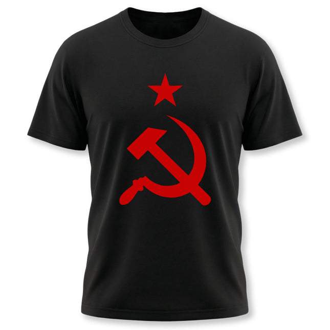 Communist hammer and sickle red star graphic on a black t-shirt.