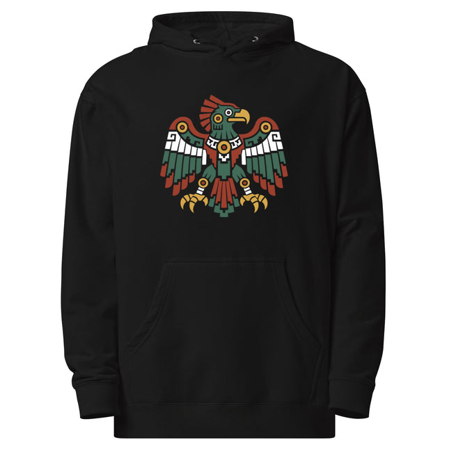 Aztec Eagle Hoodie | Spread-Wing Bird in Green, Red, and Gold