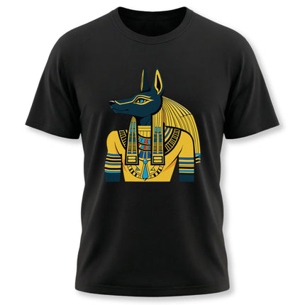 Anubis Egyptian jackal god graphic tee shirt design featuring the ancient deity.