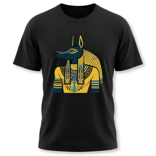 Anubis Egyptian jackal god graphic tee shirt design featuring the ancient deity.