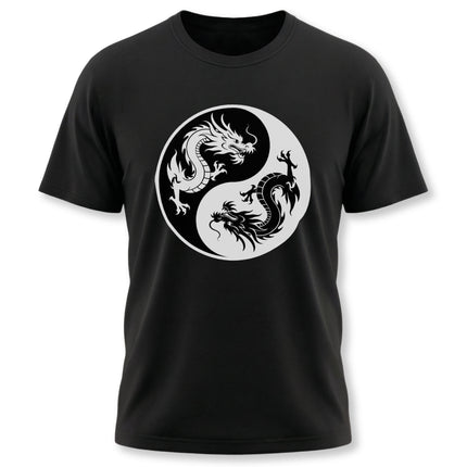 Yin Yang t-shirt design featuring powerful opposing Chinese dragons symbolizing cosmic balance.