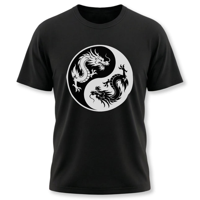 Yin Yang t-shirt design featuring powerful opposing Chinese dragons symbolizing cosmic balance.