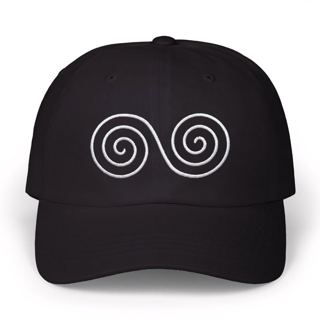 Black baseball cap with white embroidered double spiral Celtic symbol.