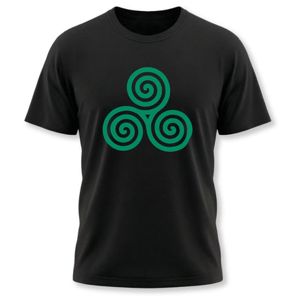 Black t-shirt featuring a vibrant green Celtic triskele triple spiral symbol.