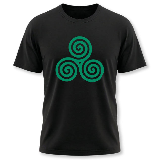 Black t-shirt featuring a vibrant green Celtic triskele triple spiral symbol.