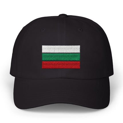 Black baseball cap with embroidered Bulgarian flag (white, green, red stripes).