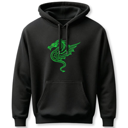 Green Celtic knotwork dragon graphic on a black unisex hoodie.
