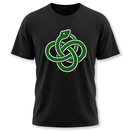 Black t-shirt featuring a green Celtic knotwork design with an ouroboros serpent graphic.