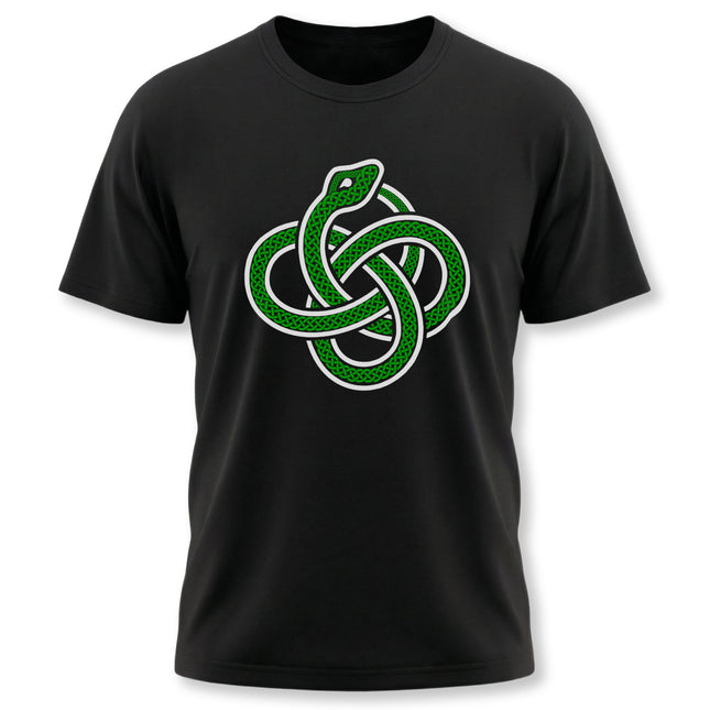 Black t-shirt featuring a green Celtic knotwork design with an ouroboros serpent graphic.
