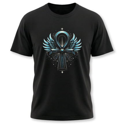 Winged Ankh Egyptian symbol graphic tee on a black t-shirt.