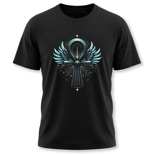Winged Ankh Egyptian symbol graphic tee on a black t-shirt.