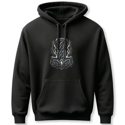 Norse Mjolnir hoodie featuring Viking knotwork and lightning bolts. Thor's hammer design.