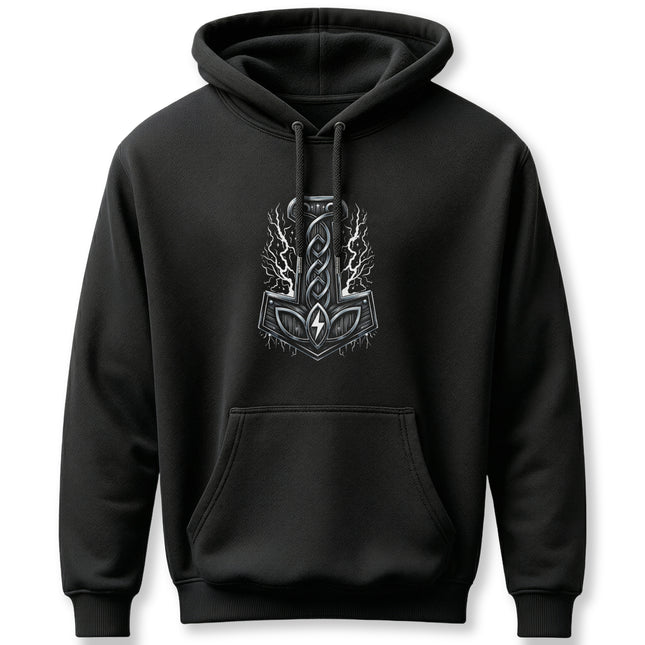 Norse Mjolnir hoodie featuring Viking knotwork and lightning bolts. Thor's hammer design.