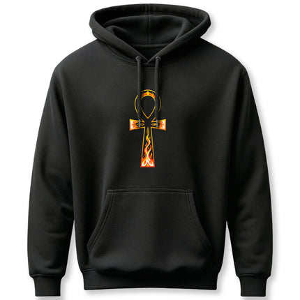 Flaming golden Ankh symbol graphic on a black unisex hoodie, representing ancient Egyptian mythology.