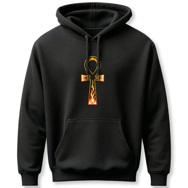 Flaming golden Ankh symbol graphic on a black unisex hoodie, representing ancient Egyptian mythology.
