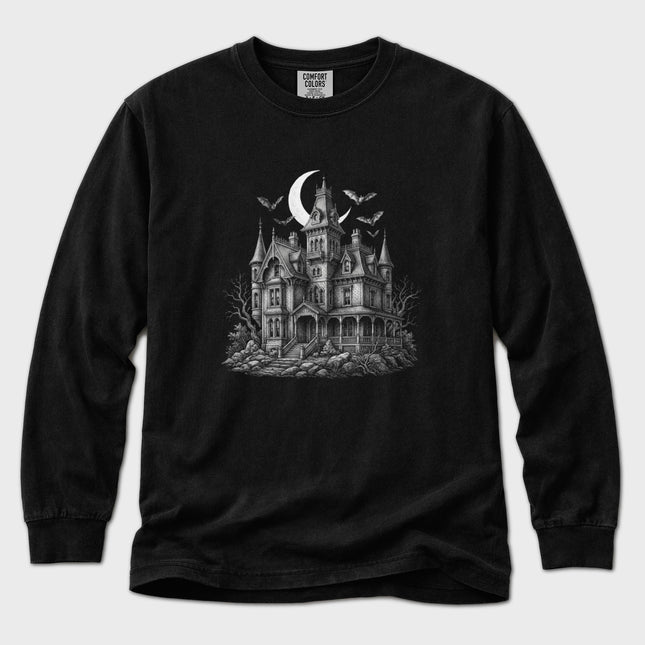 Gothic haunted mansion graphic on a long sleeve horror t-shirt.